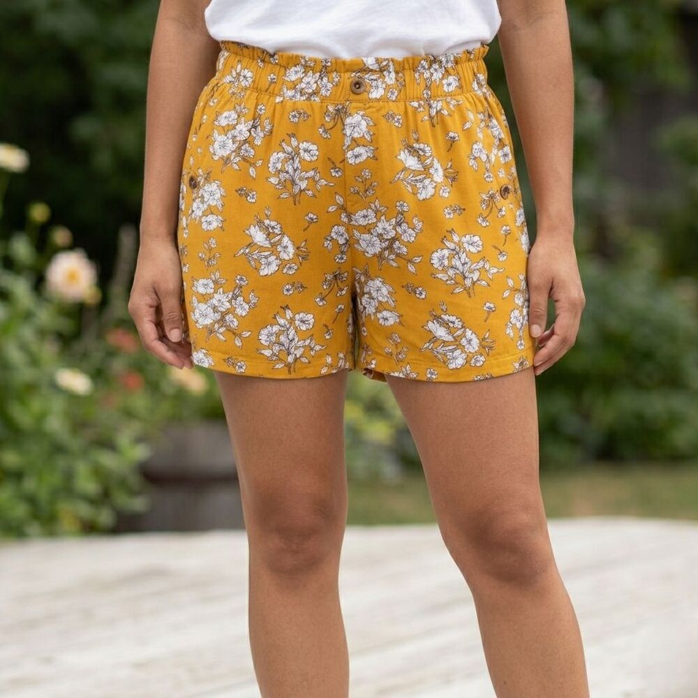 Lark & Grey Womens Large High Rise Floral Paperbag Shorts Elastic Waist Orange